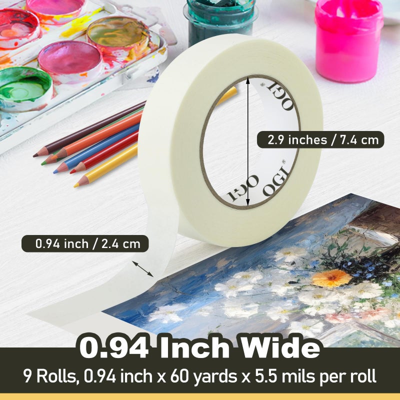 OGI Masking Tape 0.94 Inch Wide Beige White Painters Tape Thin Removable General Purpose Masking Tape Bulk for Labeling Painting Drafting Art Craft, 0.94 Inch x 60 Yards, 9 Rolls - Image 2